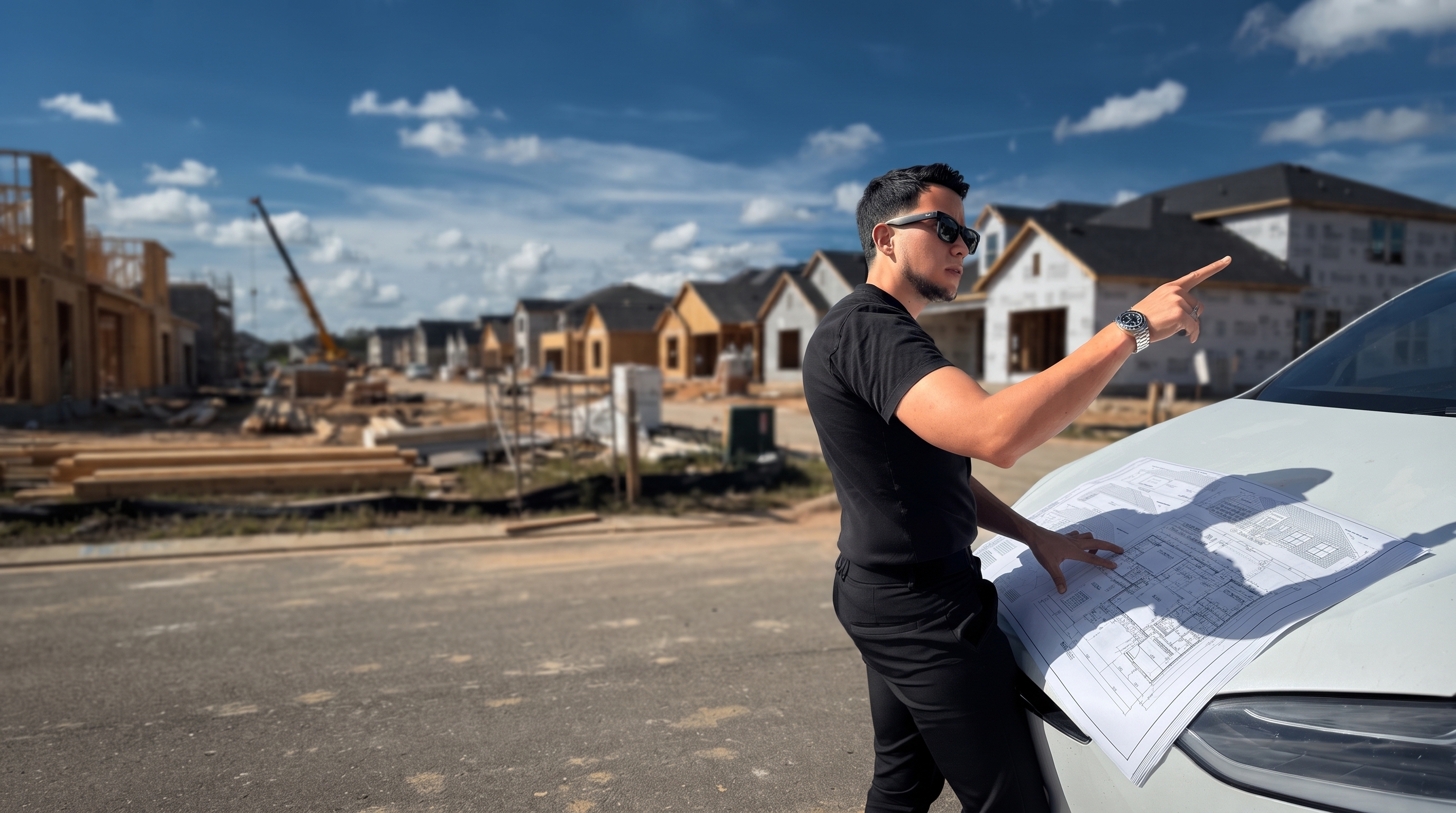 Anderson Lizarazo reviewing blueprints on a new construction site